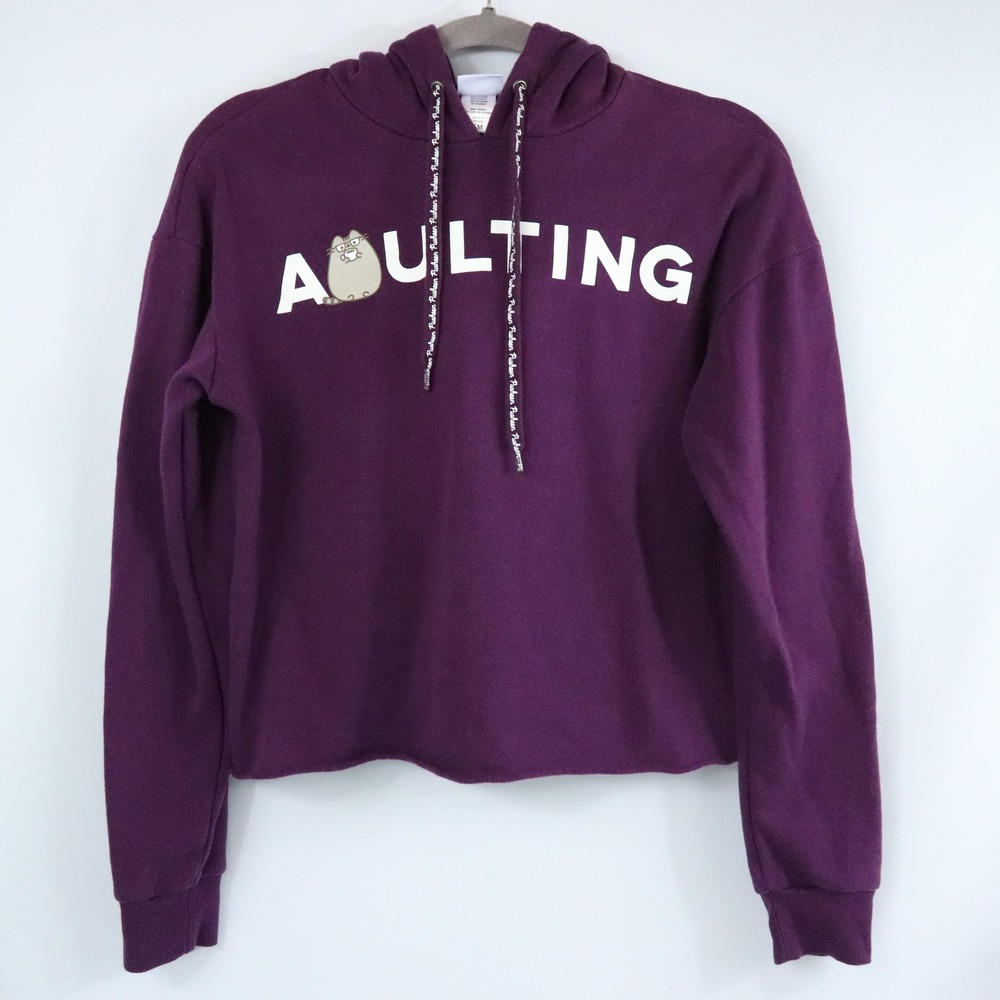 Pusheen the Cat Adulting Purple Cropped Graphic Hoodie Sweatshirt Size Small